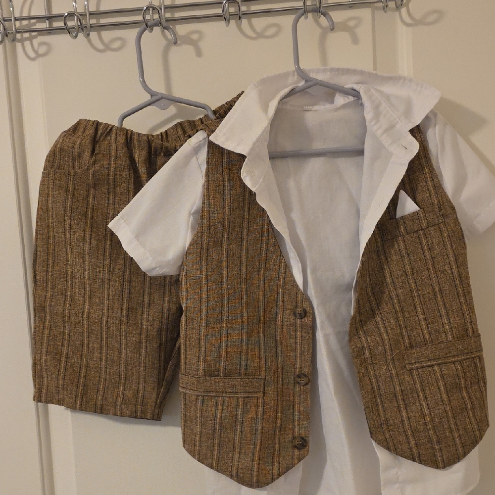 Brown Striped Vest and Shorts Set with White Shirt